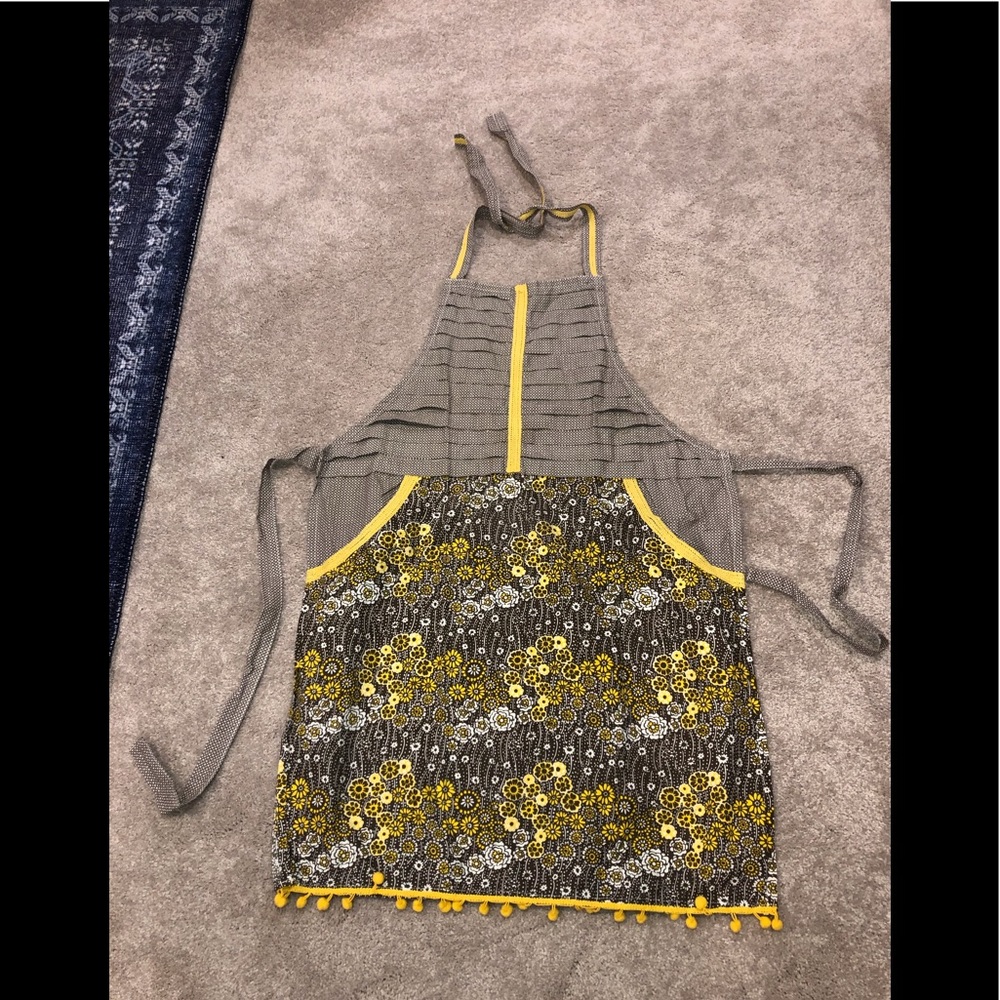 Sur La Table Yellow Brown Floral Apron  with Pom Pom trim